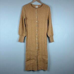 KERISMA M/L NWT Ribbed Knit Button Front Midi Dress Camel Balloon Sleeves Boho